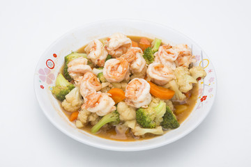 Thai healthy food stir-fried broccoli, carrot and shrimp