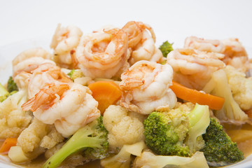 Thai healthy food stir-fried broccoli, carrot and shrimp