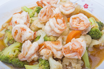 Thai healthy food stir-fried broccoli, carrot and shrimp