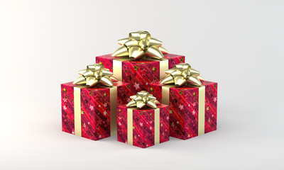Four Red gift boxes with golden ribbon and bow