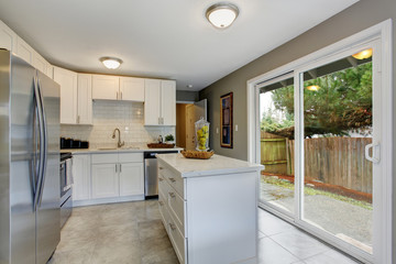 Modernized kitchen with grey and white theme.