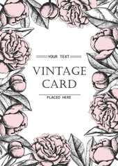 Vintage elegant card with peony flowers. Black and white ink vec