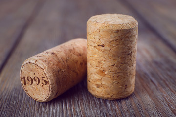 Wine corks on wooden background