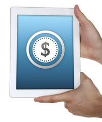 Money concept. Hands holding tablet pc with dollar sign isolated on white