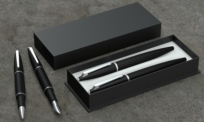 Writing set. Ball pen and ink pen in a box on a concrete backgro