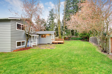 Fototapeta na wymiar Lovely back yard with deck and grass.