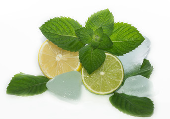 lime slice with mint leaves and ice cubes isolated