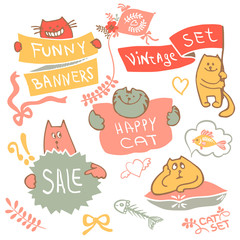 Set of hand drawing cat with banner logo vector.