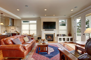 Luxury living room with red and blue rug.