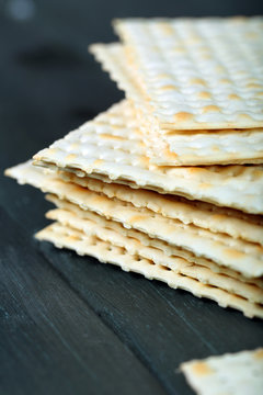 Matzo for Passover on table  close up