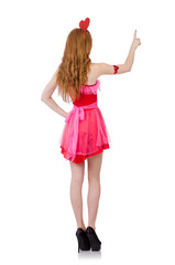 Pretty young model in mini pink dress isolated on white