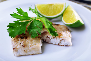 Dish of fish fillet with parsley and lime on plate close up