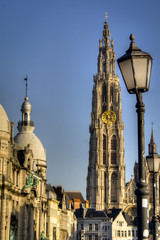 Fototapeta na wymiar The tower of the cathedral of Antwerp, Belgium 