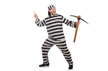 Prison inmate with axe isolated on white