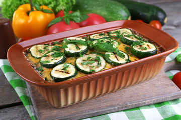 Casserole with vegetable mallow on table, closeup