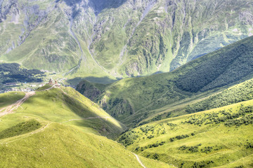 Mountain landscape around the village of Kazbegi, Georgia
