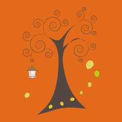 Autumn tree with falling leaves and old lamp, vector illustratio - 87934699