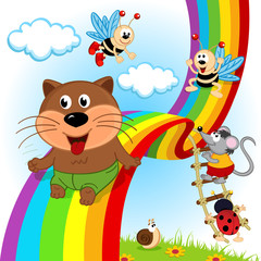 Obraz na płótnie Canvas animals and insects ride on rainbow - vector illustration, eps
