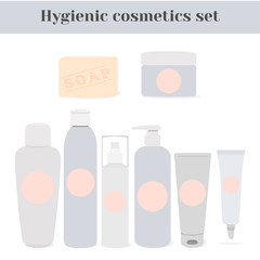 Hygienic cosmetics set. Illustration of health and beauty aids - micellar lotion, emulsion, make-up remover, shampoo, shower gel or liquid soap, cosmetic creams, soap. Isolated objects.