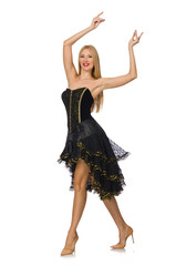 Blond hair girl in black evening dress isolated on white