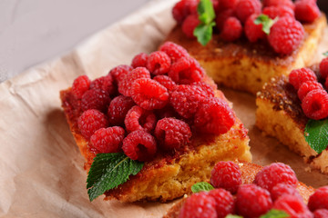 Fresh pie with raspberry in tray, closeup