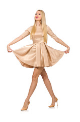 Pretty girl in satin mini dress isolated on white