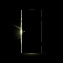 Opening black door in a dark room with shining light.