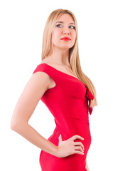 Blondie in red dress isolated on white