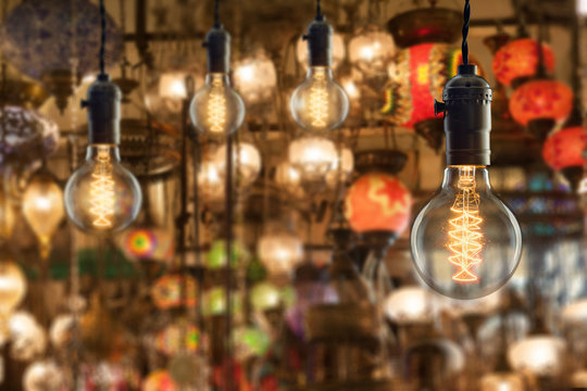 Vintage incandescent bulbs on light equipment market in Istanbul