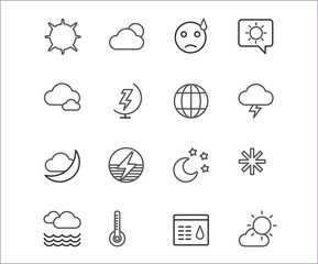 Weather icons vector outline set. Moon, sky or wind and cloud