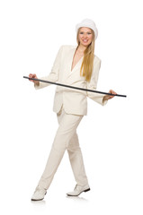 Blond hair girl with walking stick isolated on white