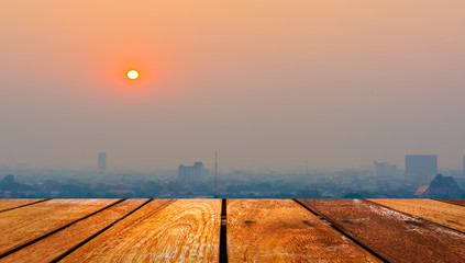 Naklejka na ściany i meble Hazy skyline of Chiang Mai City ,Thailand smog covering buildin
