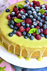 Berry cake with white chocolate glaze.