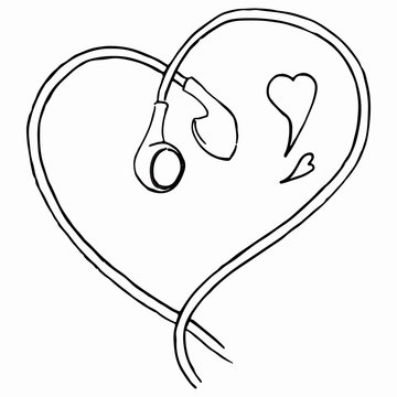 Monochrome earphones heart shaped love music hand drawn line art vector isolated