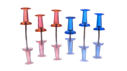 Equality symbol with red and blue pins, different heights