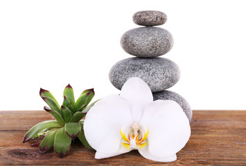 Spa stones with succulent and orchid on wooden table isolated on white