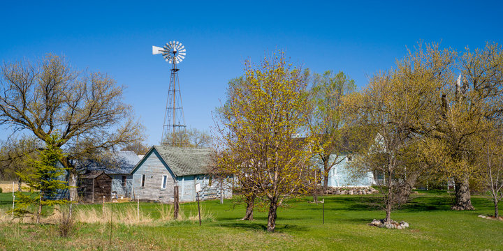 Old Windmill, Blue Farm Buildings, Spring, Minnesota