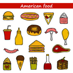 Set of cartoon objects on american food theme: fried potato, hot