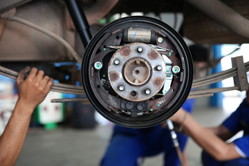 drum brake mechanism of car wheel  in garage