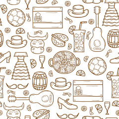 Seamless background with cartoon drawn objects on Spain theme