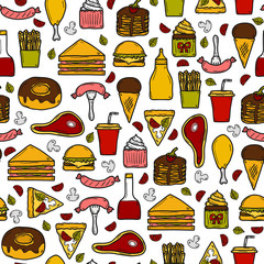 Seamless background with objects on american food theme: fried