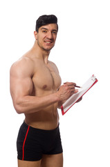 Fototapeta premium Muscular man with blank pad for your message