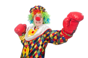 Clown with boxing gloves isolated on white