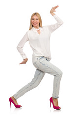 Obraz premium Pretty woman in blue jeans isolated on white