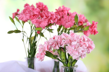 Beautiful bouquet of pink carnation in vases on bright background