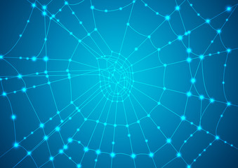 Glowing spider web on a blue background. Vector illustration