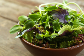 Fresh mixed green salad in bowl on wooden table close up