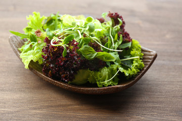Plate of fresh mixed green salad on wooden table close up