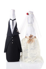Wedding decoration of champagne bottles isolated white