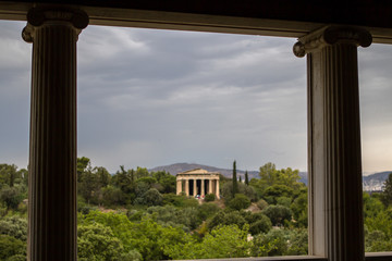 View from Stoa of Attalos to Temple of Hephaestus in Ancient Agora, Athens, Greece